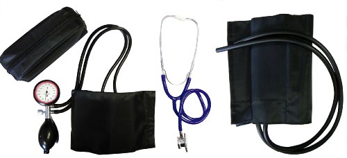 Blutdruckmessgerät Oberarm 2- Schlauch Set Typ XL extra mit extra XL Klettmanschette + Doppelkopfstethoskop Blau Stetoskop Stethoskope Doppelkopf 1 Set