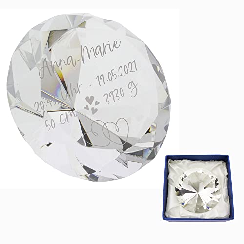 Kristall-Diamant aus Glas mit Gravur zur Geburt Ø 80 mm in Geschenkbox - Geschenk zur Geburt (Modell 2, Klar)