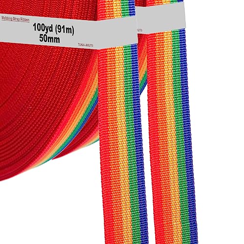 TUKA-i-AKUT 182 Meter x 50mm PP Gurtband - 1,1mm Stark - Regenbogen Gurtband aus Polypropylen - 182 Meter (200YD = 2x100YD) Länge und 50 mm Breite, 5 Farben, TKB5073