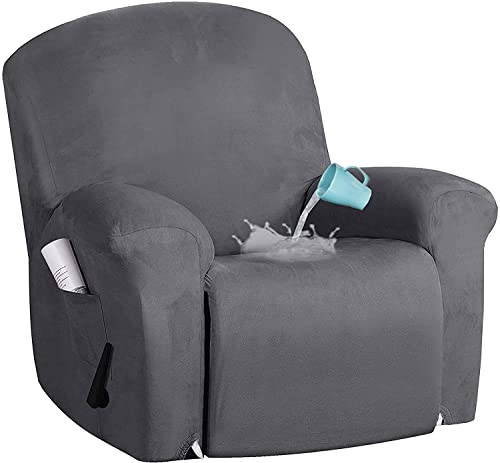 XVBVS Stretch Überzug für Relaxsessel Samt Veloursleder Sessel Überwurf rutschfeste Sesselschoner Sesselauflage sesselüberzug mit Seitentasche für Wohnzimmer (Color : Grey, Size : 4-Piece)