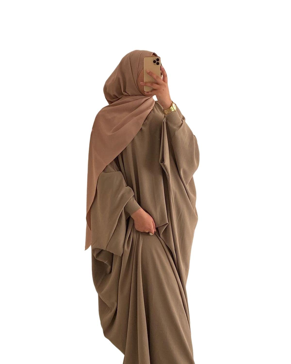 RUIG Damen Kleid Muslimische Gebet Abaya Islamische Robe Maxi Afrikanischer Kaftan Türkei Islam Dubai in voller Länge mit Hijab, Khaki Einheitsgröße