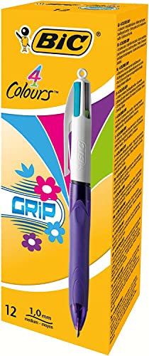 BIC Kugelschreiber 4 Colours, Grip Fun, 12er Pack, Ideal für das Büro, das Home Office oder die Schule