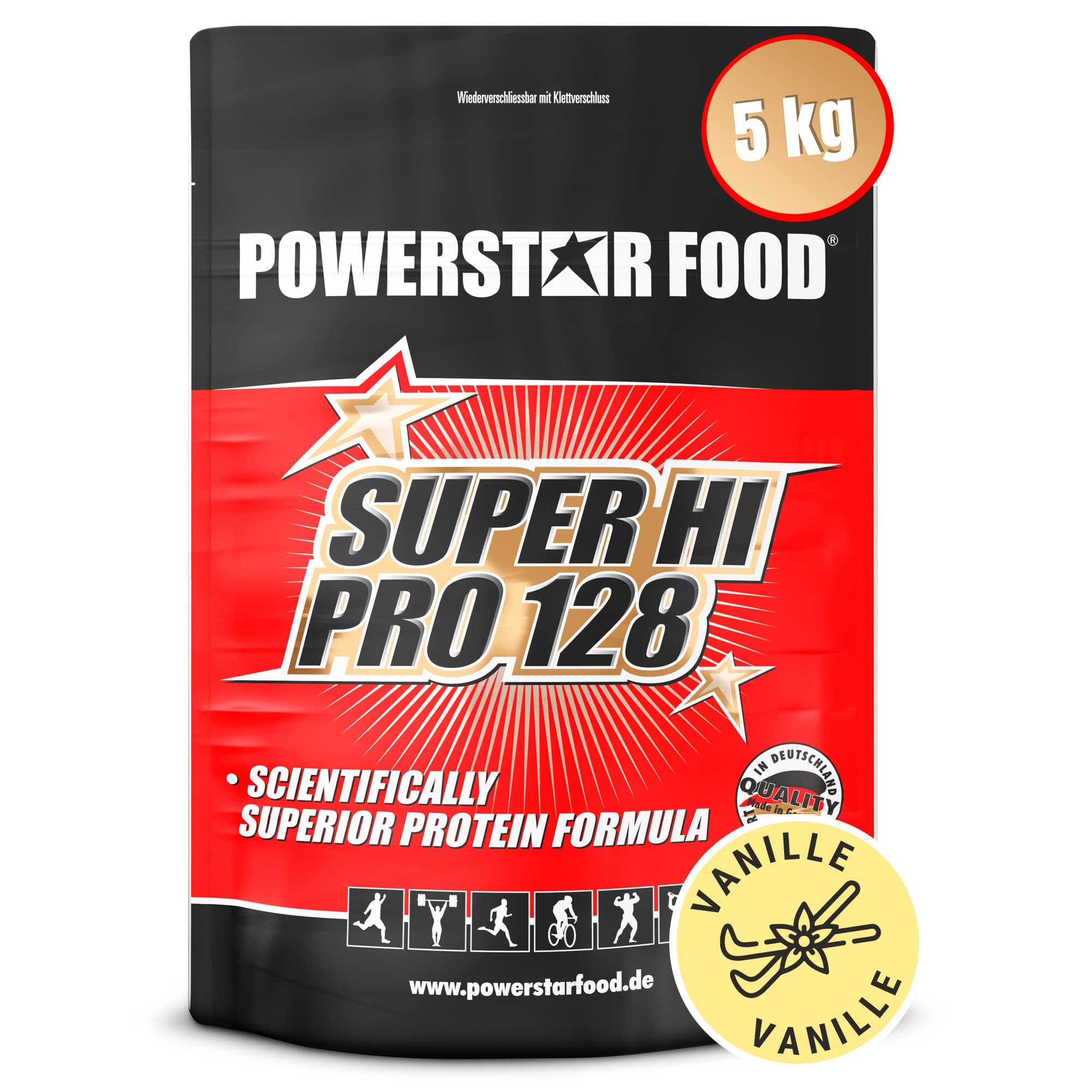 Powerstar SUPER HI PRO 128 | Mehrkomponenten Protein-Pulver Vanilla 5kg | Höchstmögliche Biologische Wertigkeit | Eiweiß-Pulver mit 80% Protein i.Tr. | Protein-Shake zum Muskelaufbau & Abnehmen