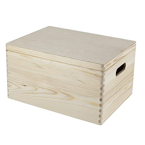 HolzFee Holzkiste 40 x 30 cm Kiste Holz mit Deckel mit und ohne Griffe Aufbewahrungsbox Allzweckkiste Holzbox Kiefer (mit Griffe)