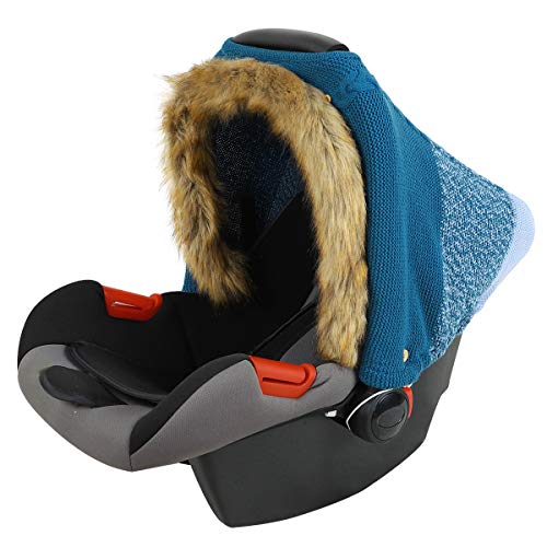Babyautositzbezug Winter mit Kunstpelz Gestrickt Atmungsaktiv Kinderwagenbezug Autositz Baldachin