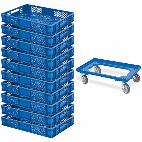 10 Eurobehälter, LxBxH 600x400x90 mm, Industriequalität, lebensmittelecht + 1 Transportroller, blau