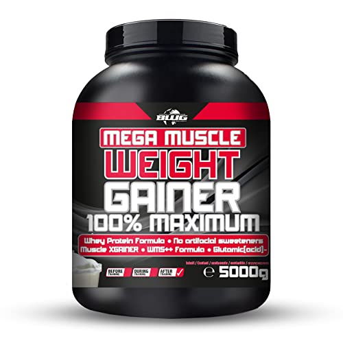 BWG Mega Muscle Weight Gainer 100% Maximum - perfekt für HardGainer und Massephasen - Kraftaufbau - Mega Banana - Dose mit Dosierlöffel - (1x 5000g Dose)