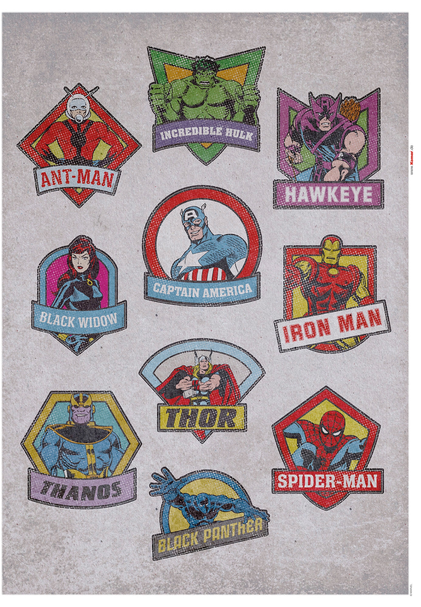 Komar Marvel Wandtattoo Avengers Badges - 50 x 70 cm (Breite x Höhe) - 10 Teile - Deco-Sticker, Wandaufkleber, Wandsticker, Wanddeko, Kinderzimmer - 14090h