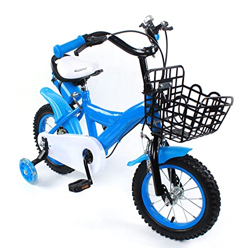 KOLHGNSE 12 Zoll Kinderfahrrad mit Stützräder und Korb Kinderrad rutschfeste Reifen für Kinder Junge Mädchen Kinderrad 3 Rad (Blau)