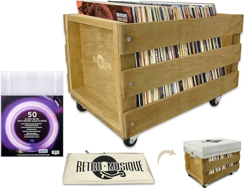 Retro Musique Aufbewahrungskiste für Schallplatten aus Holz auf Rollen für bis zu 100 Alben, Teak-Finish