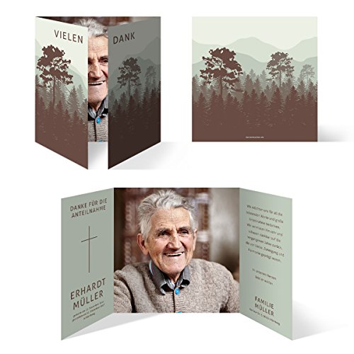Danksagungskarten (30 Stück) Trauer Dankeskarten Individuell - stiller Wald in Grün und Braun