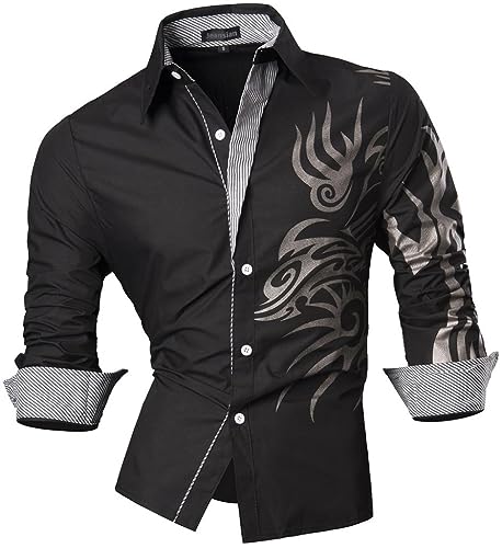 jeansian Herren Freizeit Hemden Shirt Tops Mode Langarmlig Men's Casual Dress Slim Fit Z001 Black L