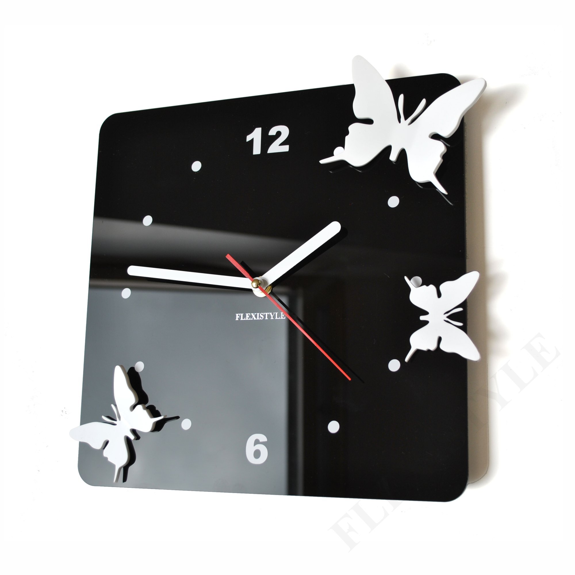 FLEXISTYLE Moderne Wanduhr Fliegende Schmetterlinge 3D Wohnzimmer Schlafzimmer Modern Deko (Schwarz), 30 cm