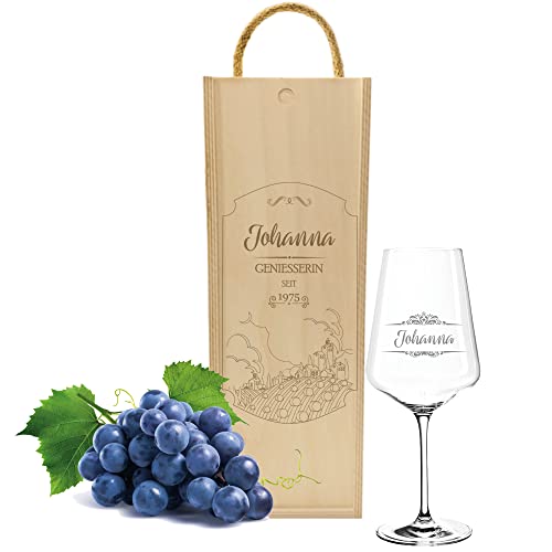 FORYOU24 XXL PUCCINI Weinglas von Leonardo mit Holz Weinkiste und Gravur Motiv Weingut zur Hochzeit Geburtstag Weihnachten Geschenkidee Wein-Gläser graviert