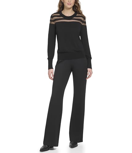 DKNY Women's Crewneck Sheer Mesh Yoke Stripe Sweater, Black, L