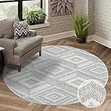 carpet city Teppich Kurzflor Wohnzimmer - Grau, Beige - 200x200 cm Rund - Teppiche Boho-Style - Rauten-Muster - Schlafzimmer, Esszimmer