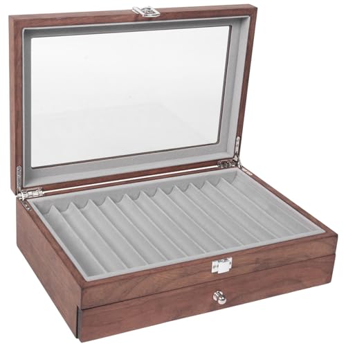 RIVNN Stift-Aufbewahrungsbox mit 23 Fächern, Walnussholz, luxuriös, 2-lagig, transparentes Fenster, Füllfeder-Box, Stiftsammlung