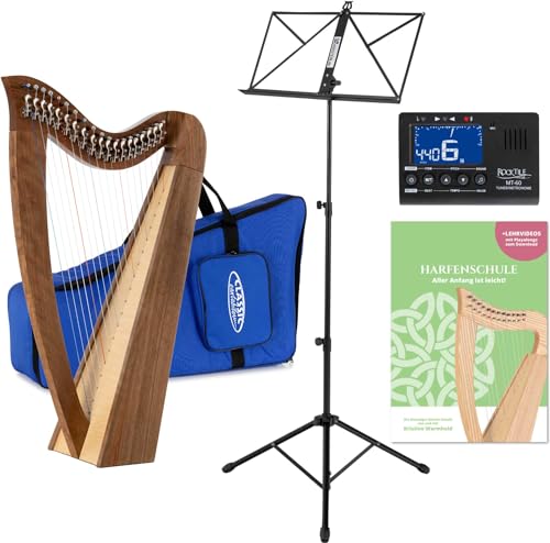 Classic Cantabile H-19 WN Keltische Harfe Set - Celtic Harp aus Walnuss mit Halbtonmechanik - 19 Saiten - In Es-Dur - inkl. Tasche, Schule, Notenständer und Metro-Tuner & 2 Stimmschlüssel - Braun