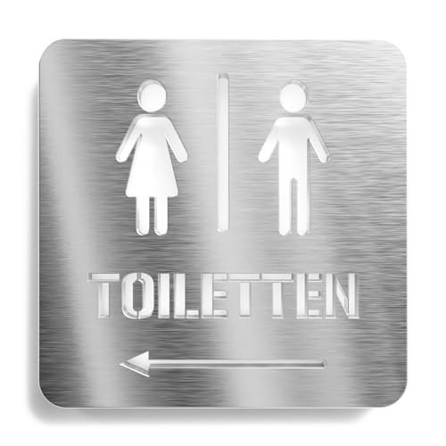 Urhome Toilette nach links Hinweisschild aus V2A Edelstahl - Laserschnitt Gravur Türschild - Schild für Wand Tür - Herren Damen Toilette Pfeil links WC Infoschild für Innen und Außen