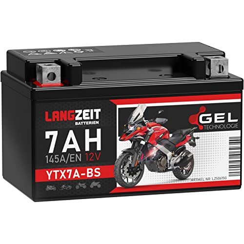 LANGZEIT YTX7A-BS Motorradbatterie 12V 7Ah 145A/EN Gel Batterie 12V Roller Batterie doppelte Lebensdauer entspricht 50615 CTX7A-BS JMTX7A-BS vorgeladen auslaufsicher wartungsfrei ersetzt 6Ah