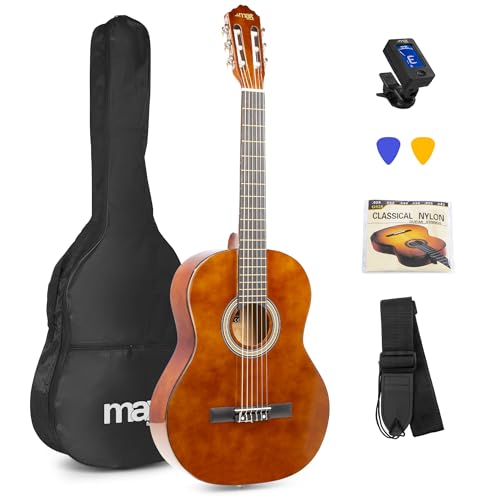 MAX SoloArt - 4/4 Akustik Gitarre für Anfänger Einsteiger Erwachsene - Akustikgitarre inkl. Tasche, Stimmgerät, Plektrum, Gurt und Zubehör - Acoustic Guitar, Konzertgitarre in Holz-Braun