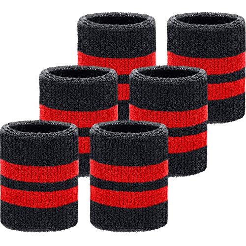6 Stück Handgelenk-Schweißbänder Sportarmbänder für Fußball, Basketball, Laufen, Athletische Sportarten (schwarz mit roten Streifen)