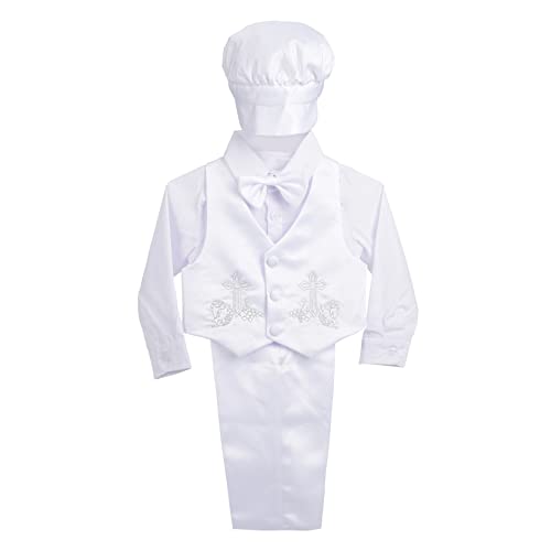 Lito Angels Baby Satin Taufe Tauf-Outfit Lange Ärmel Hochzeitsanzug mit Motorhaube 5 Stück Set Weiß 3-6 Monate A