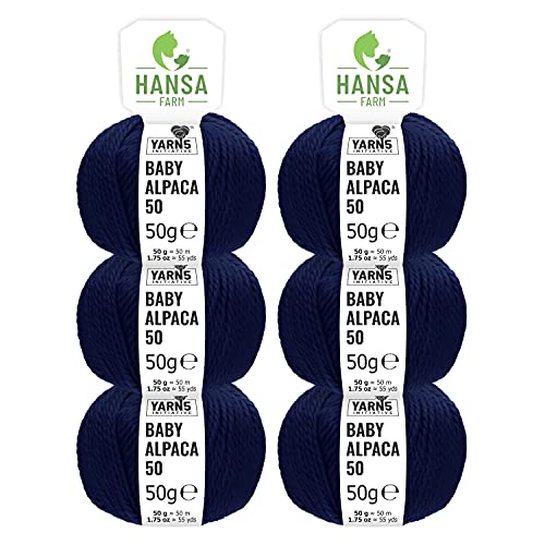 100% Baby Alpakawolle in 50+ Farben (kratzfrei) - 300g Set (6 x 50g) - weiche Alpaka Wolle zum Stricken & Häkeln in 6 Garnstärken by Hansa-Farm - Dunkelblau (Blau)