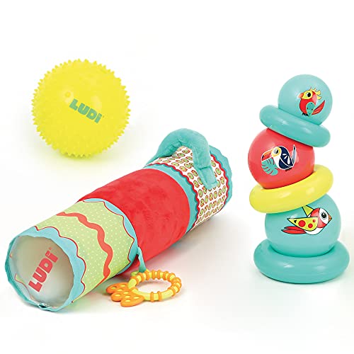 LUDI Sensorik Spiel Set Spielzeug-Set für sensorische Entwicklung und frühe Sinneswahrnehmung | Pyramide + Massage Ball + aufblasbare Rolle | Ab 6 Monaten