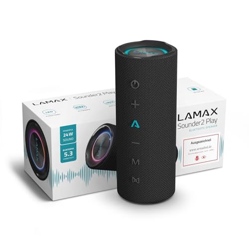 Lamax Sounder2 Play Bluetooth Lautsprecher, 24 Stunden Hörvergnügen, Hervorragende 24 W Leistung, Visuelle Effekte, Bluetooth 5.3, IP67 Wasserbeständigkeit, Mikrofon für Anrufe