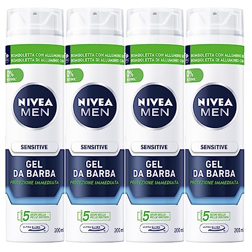 Nivea Men Sensitive Bartgel für Herren, mit Kamille-Extrakt und Vitamin, feuchtigkeitsspendend, weich und schützt den Bart – 4 Flaschen à 200 ml