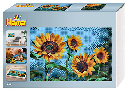 Hama Perlen 3608 Große Geschenk-Box Sonnenblumen mit ca. 10.000 bunten Midi Bügelperlen mit Durchmesser 5 mm, 6 Stiftplatten, inkl. Bügelpapier, kreativer Bastelspaß für Jugendliche und Erwachsene