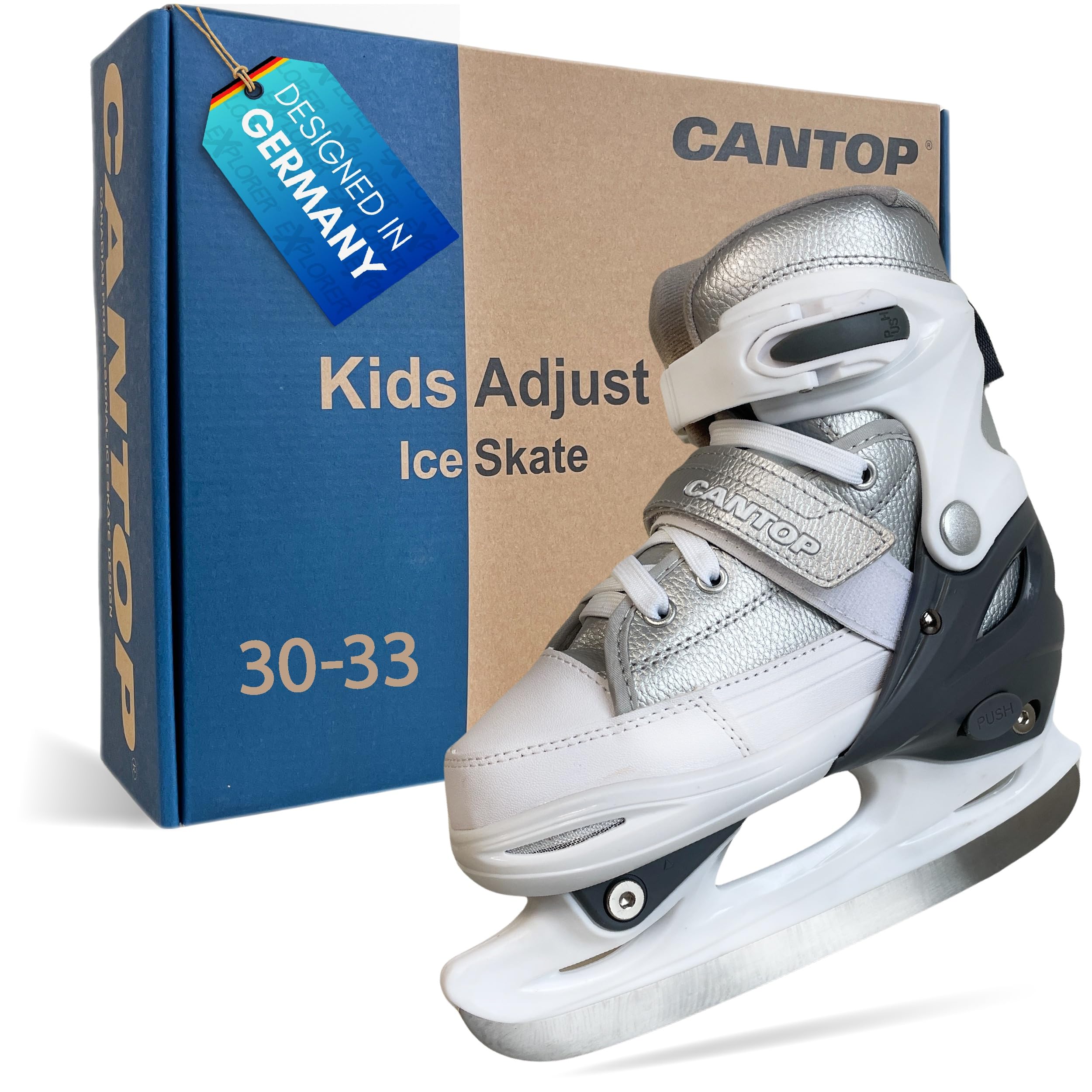 EXPLORER Cantop Schlittschuhe Kinder verstellbar Größe 30-33 für Jungen, Mädchen, Damen und Herren Eishockey Schlittschuh im Sneaker Design in Silber Weiß