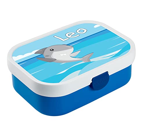 CreaDesign, Brotdose Kinder mit Fächern personalisiert Lunchbox blau mit Bento Einsatz, Brotbox mit Unterteilung Hai