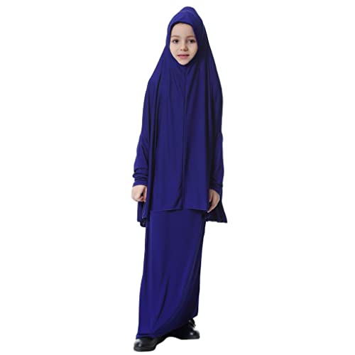 Milageto Muslimische Langarm Kleid Abaya Islamische Maxi Robe Kleid Gebetskleidung, Blau, M