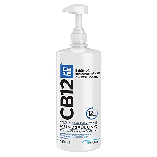 CB12 Mundspülung: Mundwasser mit Zinkacetat & Chlorhexidin gegen schlechten Atem & Mundgeruch für 12 Stunden, Geschmack Minze, alkoholfrei, 1000 ml