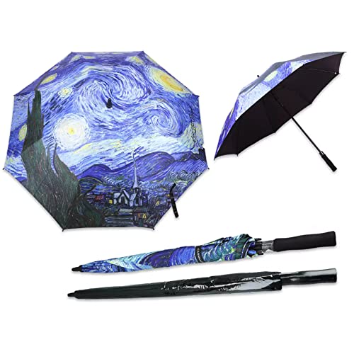 CARMANI - Regenschirm Stick Regenschirm Manuell Öffnen-Schließen Langer Griff Gerade Stange Regenschirm Bedruckt mit Vincent Van Gogh, The Starry Night