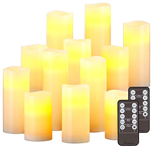 Britesta LED-Kerzen fernbedienbar: 12er-Set dimmbare LED-Echtwachskerzen mit Fernbedienung, in 5 Größen (LED-Kerzen-Set mit Timer)
