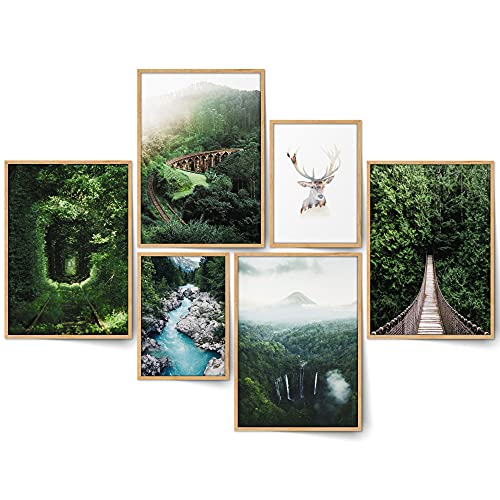 BLCKART Green Forest Bilder Set Stilvolle Beidseitige Pampasgras Bilderwand Natur Landschaft Wohnzimmer Deko Poster Wald (M | 4x A4 | 2x A5 | Holzrahmen (Natur), Green Forest)
