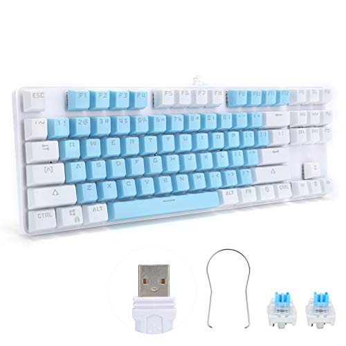 87 Tasten Computertastatur, mechanische Computerperipheriegeräte mit gemischtem Licht, für Desktop-Laptops(blau mit weiß)