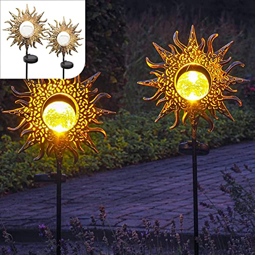 Gadgy Solarlampen für Außen mit Erdspieß Sonne | Set mit 2 Stück | LED Gartenstecker aus Metall | Solarlichter für den Garten | Outdoor Terassendeko