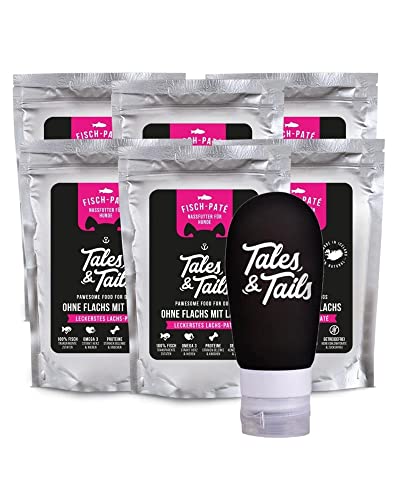 Tales & Tails® - Schlecktubenpaket I Futtertube für Hunde + 6 x hochwertige Belohnung zur Befüllung I 6 x 100g Nassfutter I Monoprotein I 100% Lachs
