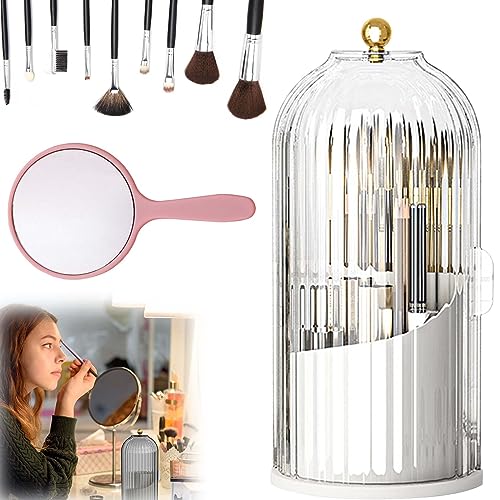 Gienslru Soulona Makeup Organizer, Elegant 360° Rotating Makeup Organizer, Makeup Brush Holder Organizer with Lid, Makeup Brushes Organizer for Vanity Desktop Bathroom Countertop (White)