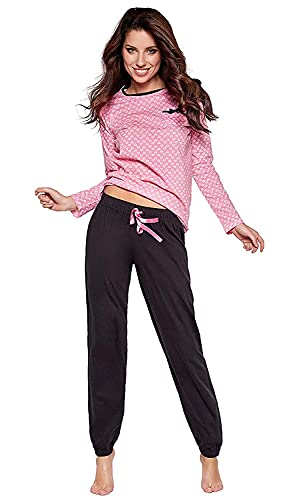 Moonline moderner und bequemer Damen Schlafanzug, aus 100% weicher Baumwolle, rosa-weiß-Herzchen, Gr. L