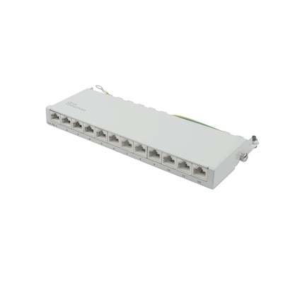 Good Connections® Patchpanel / Patchfeld - Desktop - Cat. 6A, 500 MHz - 10-GIGABIT-fähig - 12-Port - 0,5 HE - STP geschirmt - werkzeugloses Öffnen - Lichtgrau (RAL7035)