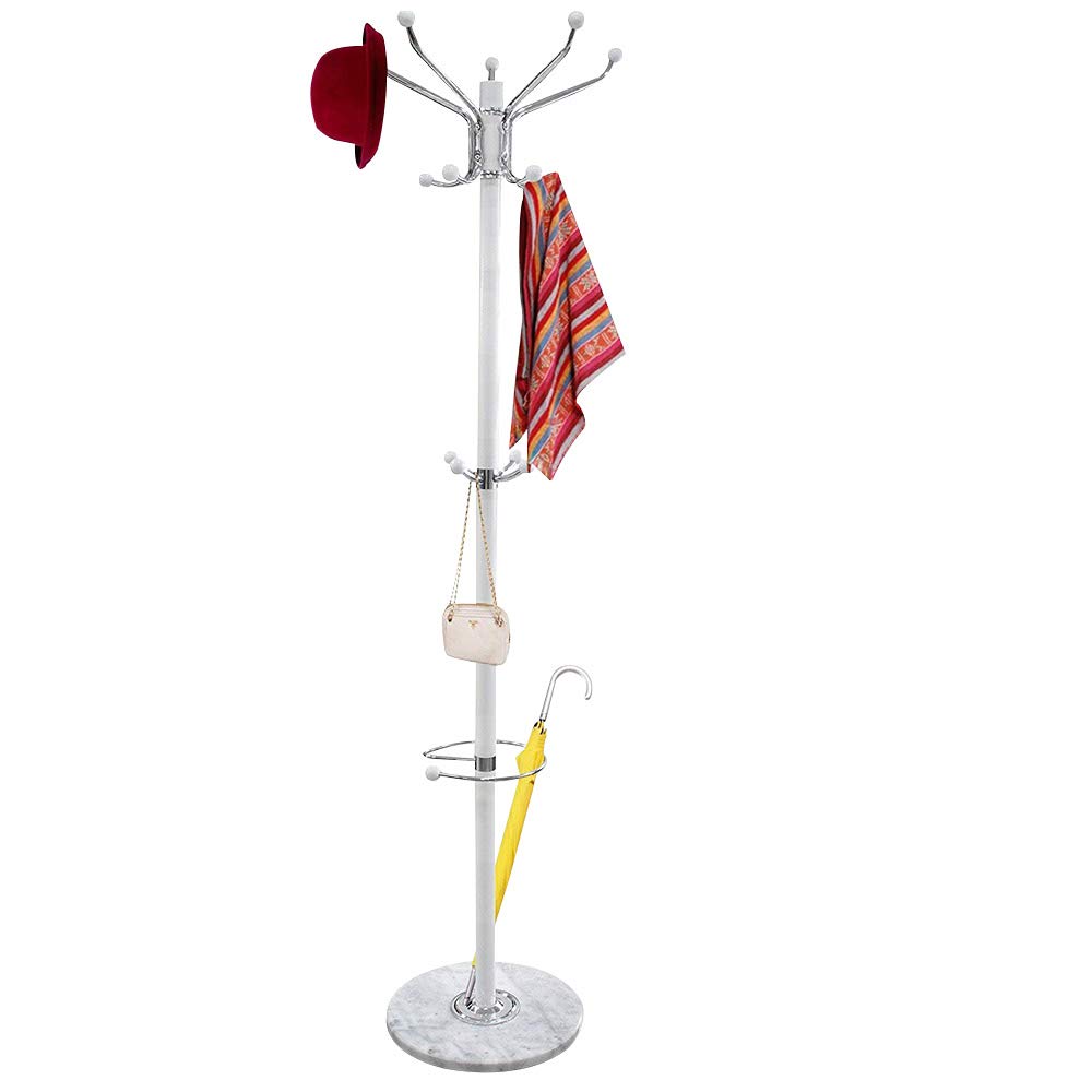 BAKAJI Garderobenständer Design Garderobenständer aus Metall mit 16 Haken für Kleiderständer, Schirmständer und Marmorsockel, Größe 37 x 37 x 176 cm (Weiß)