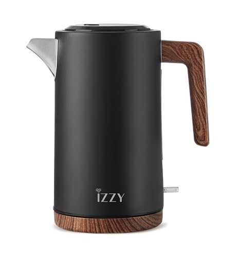 izzy Elekt. Wasserkocher Holz Schwarz -1,7L – 2200W - Gehäuse aus Edelstahl, Griff aus Holz,Verdecktes Heizelement aus Edelstahl,Abnehmbarer Kalkfilter,Abnehmbare 360° drehbare Basis