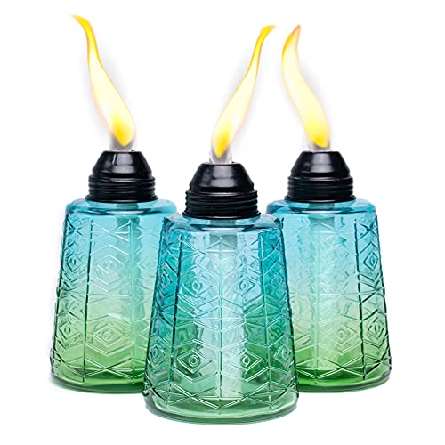 Stilvolle Glasfackeln für Ihren Tisch oder Ihre Terrasse, in vielen Farben zur Auswahl. Set mit 3 Taschenlampen. Exklusiv von Backyadda. (Caribbean Wave)