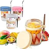 OhhGo Glas Müslibecher to go, 4 Stück Overnight Oats Gläser mit Löffel und Deckel, joghurtbecher to go mit Messmarkierungen, Hafergläser, Overnight-Oats-Glas für Salate, Milch, Müsli, Obst