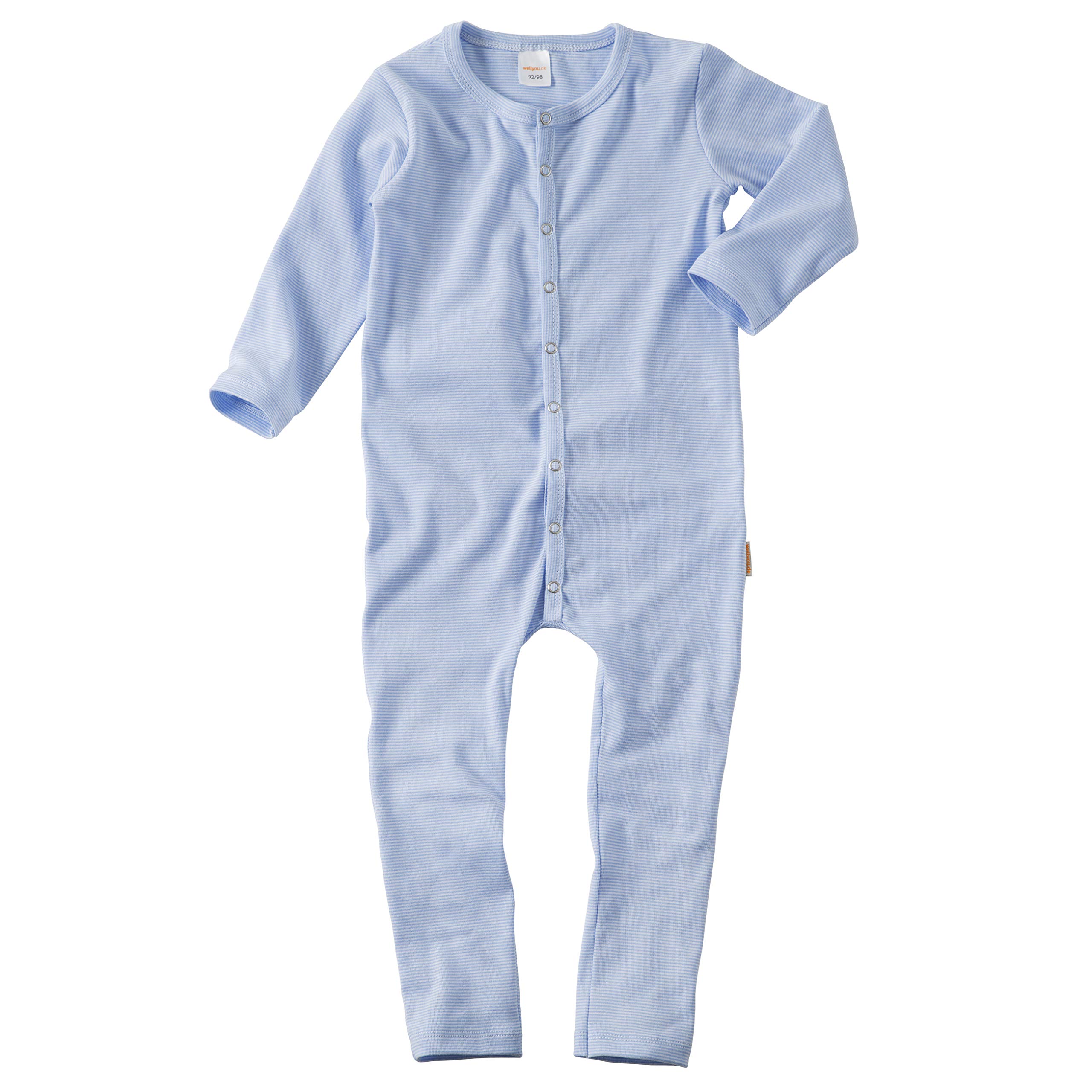 wellyou, Schlafanzug, Pyjama für Jungen und Mädchen, Einteiler langarm, Baby Kinder, hell-blau weiß gestreift, geringelt, Feinripp 100% Baumwolle, Größe:92 - 98 Blau